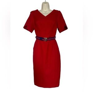 J. Peterman red dress with V neck, short sleeves and beautiful belt size 10
